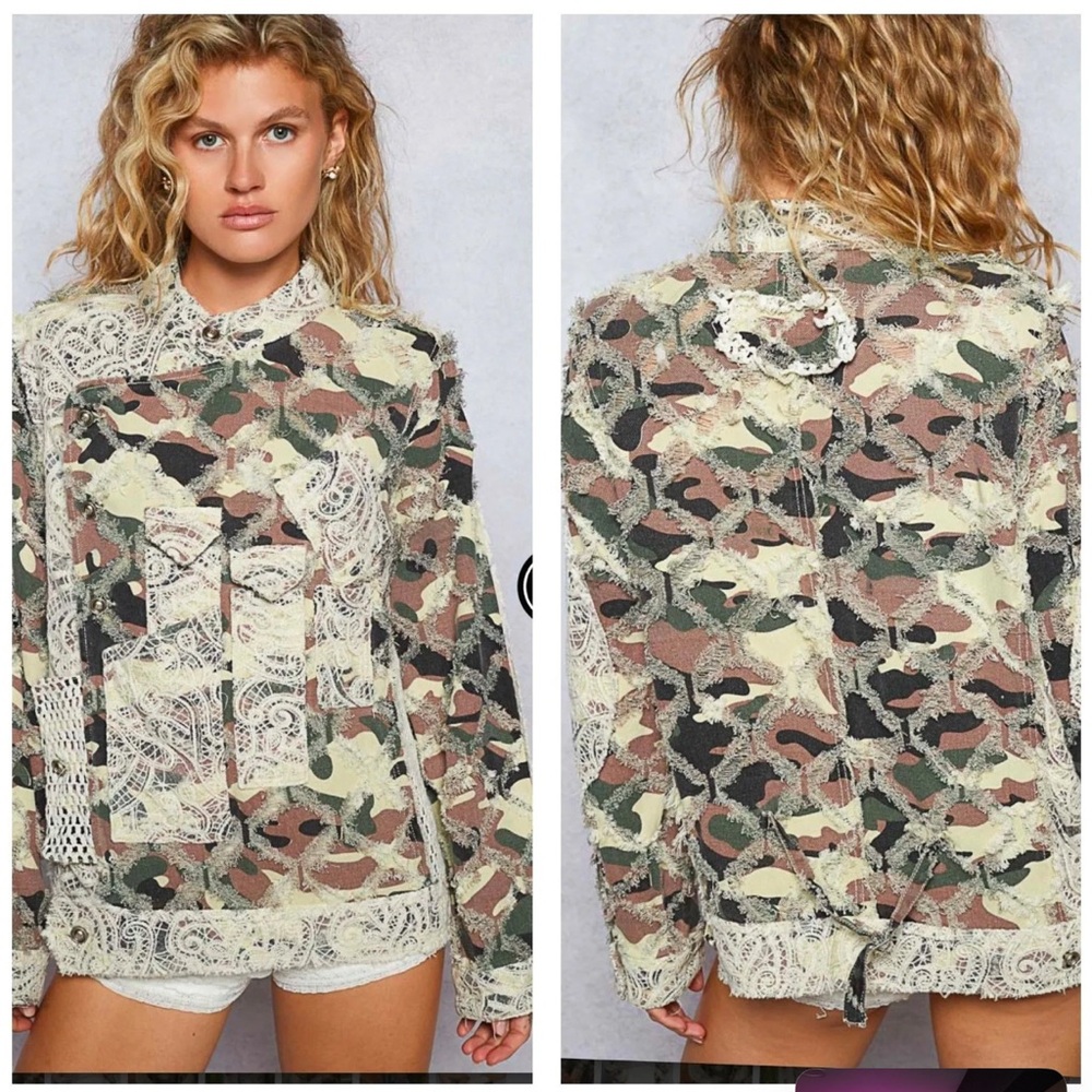 POL Lace and Camo Patchwork Motorcycle Jacket